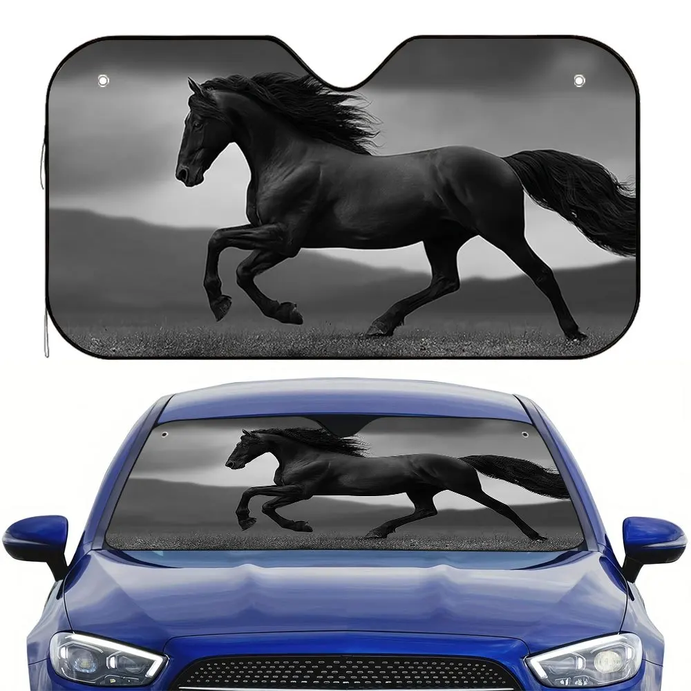 2D Flat Majestic Galloping Horse Print Car Sunshade – Stylish & Functional, Includes 4 Suction Cups For Easy Setup, Foldable For