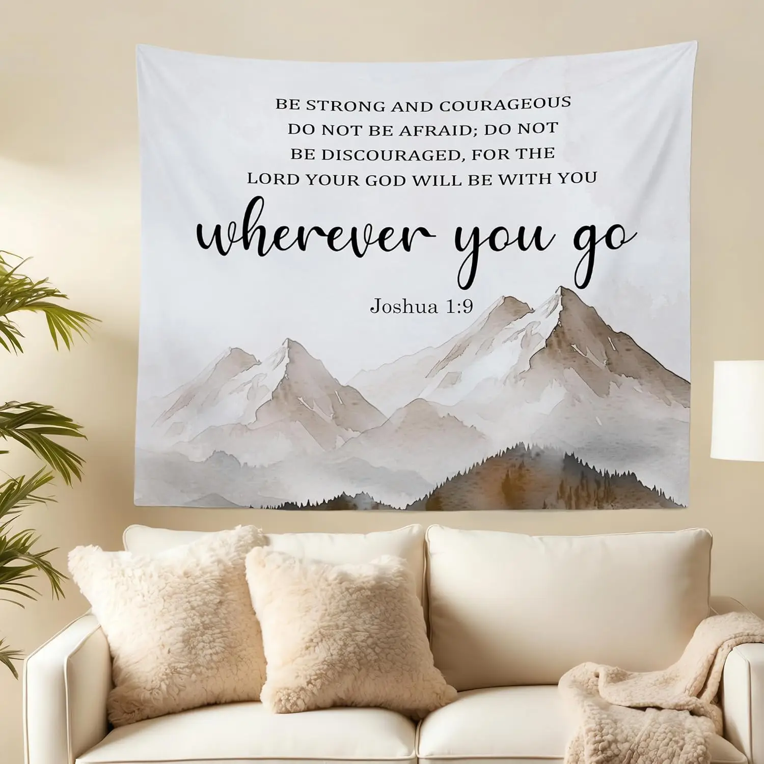 نسيج حائط كريستيان ماونتيان لورد معلق لغرفة النوم، الكتاب المقدس الآية الكتاب المقدس جوشوا 1:9 المفروشات، الألوان المائية الدينية #4