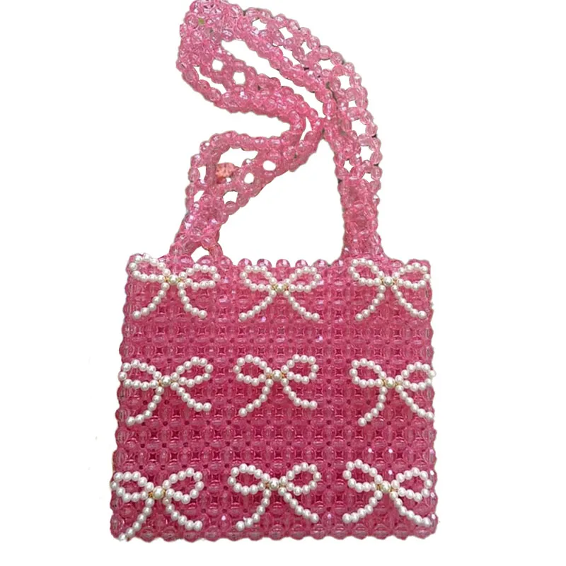 Borsa tessuta con perline acriliche rosa di nuova moda borsa a tracolla da donna con Design a fiocco di perle retrò personalizzata borsa Versatile