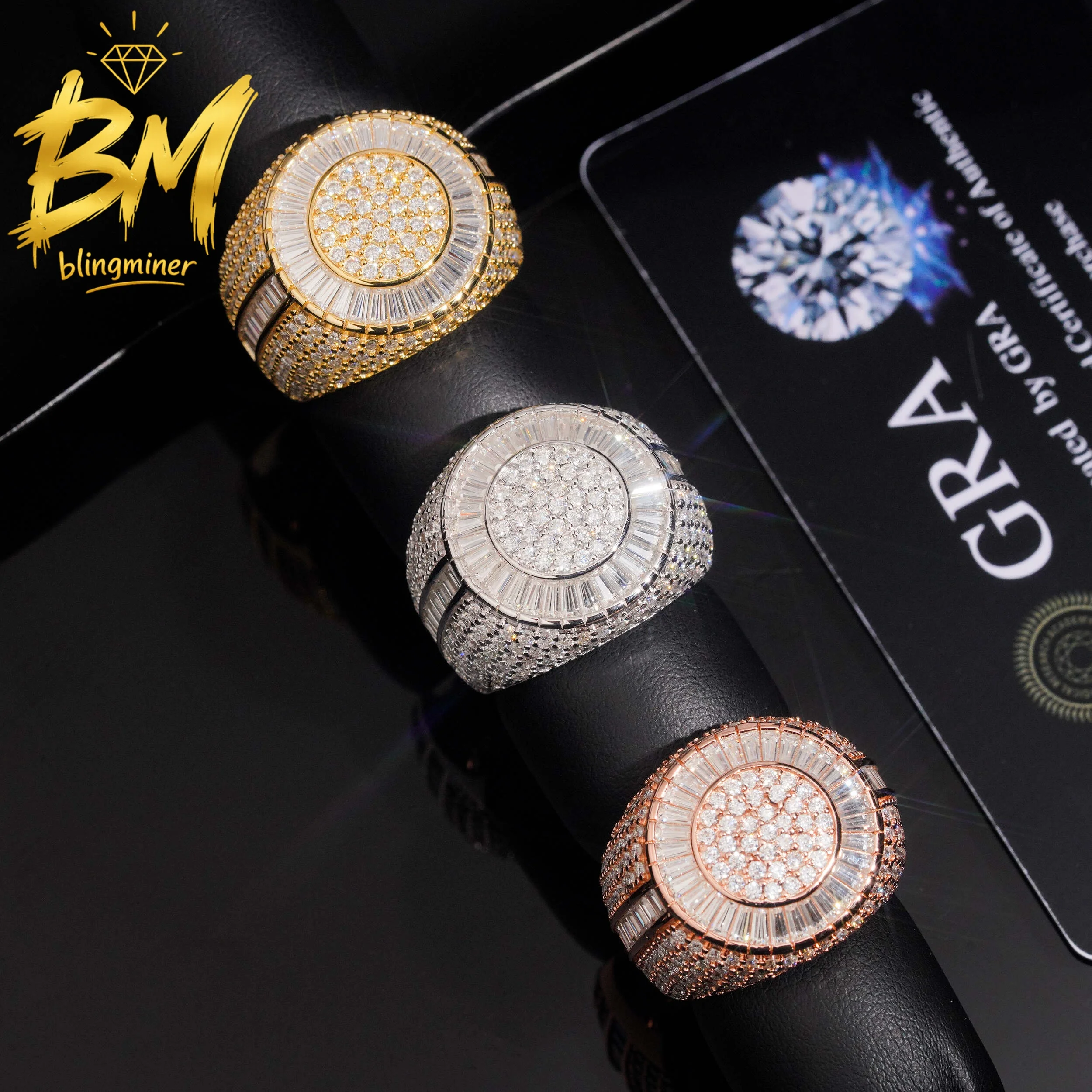 Blingminer Iced Out Round S925 Silver VVS Moissanite Rings  For Men Women Finger Jewelry Pass Diamonds Tester Free Shipping