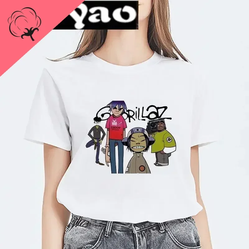 Gorillaz TShirt For Women Harajuku White Shirts Casual Tee Lady Summer Short-sleev O-neck Tee Fashion Printed Top Kawaii Clothes