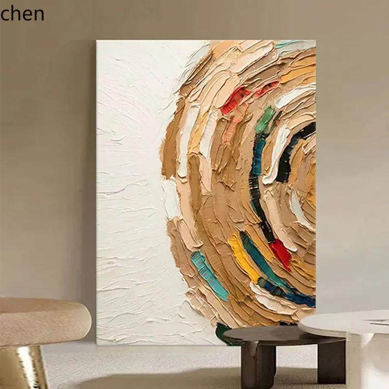 YFY  abstract hand-painted oil painting - modern minimalist living room decor, entryway swirl rainbow thick texture wall art