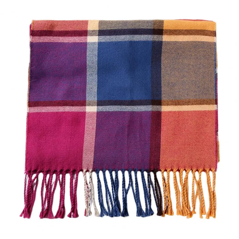 Long Style Scarf Stylish Plaid Pattern Men's Scarf with Tassel Trim Long Wrap Design in Imitation Cashmere for Thermal