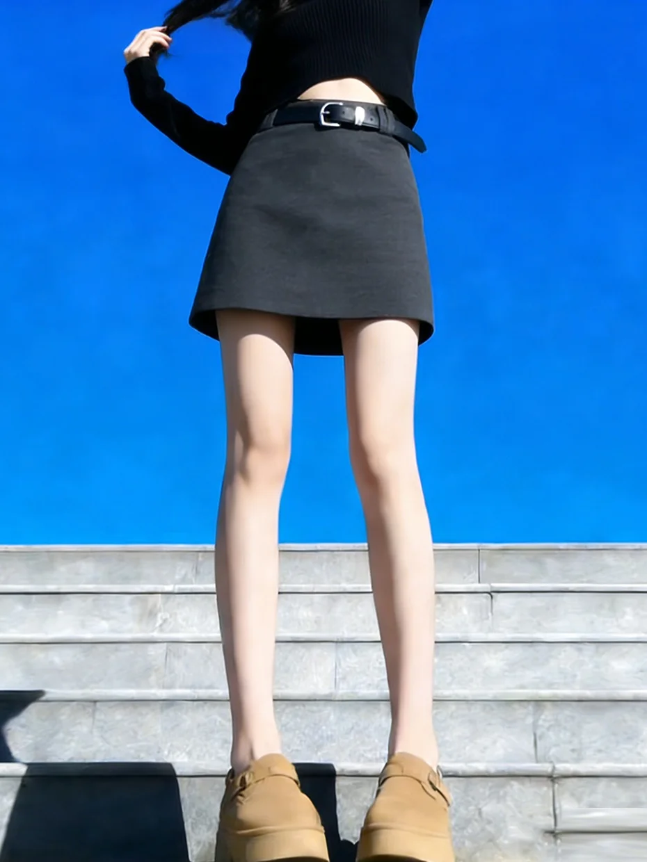 Autumn Winter Grey Woolen Half-length Skirt Women's High-waist Slimming Flocking Suit A-line Short Skirt with Belt