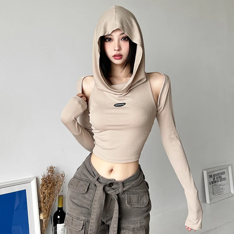 Trendy Sleeveless Hooded Vest and Short Crop Top with Exposed Navel, Desert Wasteland Style, Women's -Fit Two-Piece Set