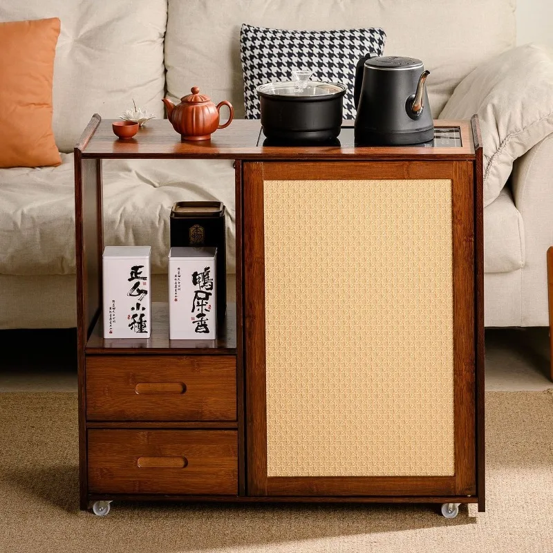 New Chinese Style Rattan Movable Tea Cabinet, Integrated Water Boiling Side Table for Home Office Living Room