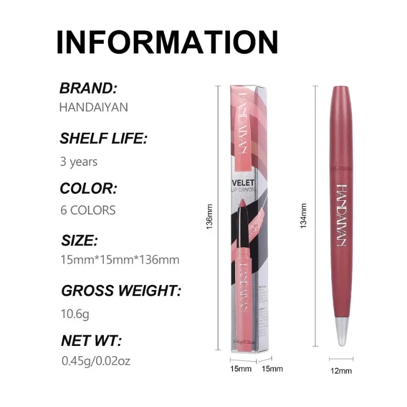 2025 New 6 Colors Matte Waterproof Velvet Nude Lipstick Pencil Lip Liner Sexy Red Pink Pigments Makeup Long Lasting