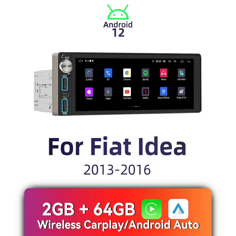 

Wireless Carplay Autoradio 6.86" Screen 1 Din Radio Android Car Multimedia for Fiat Idea 2013-2016 Stereo Head Unit GPS BT WIFI