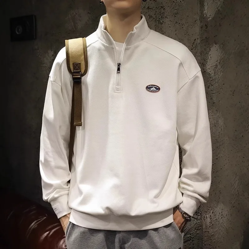 

Men sweatshirt 2025 Spring Autumn New Sporty Sweatshirt Retro Street Style Loose Half Zip Collared Sweatshirt Top