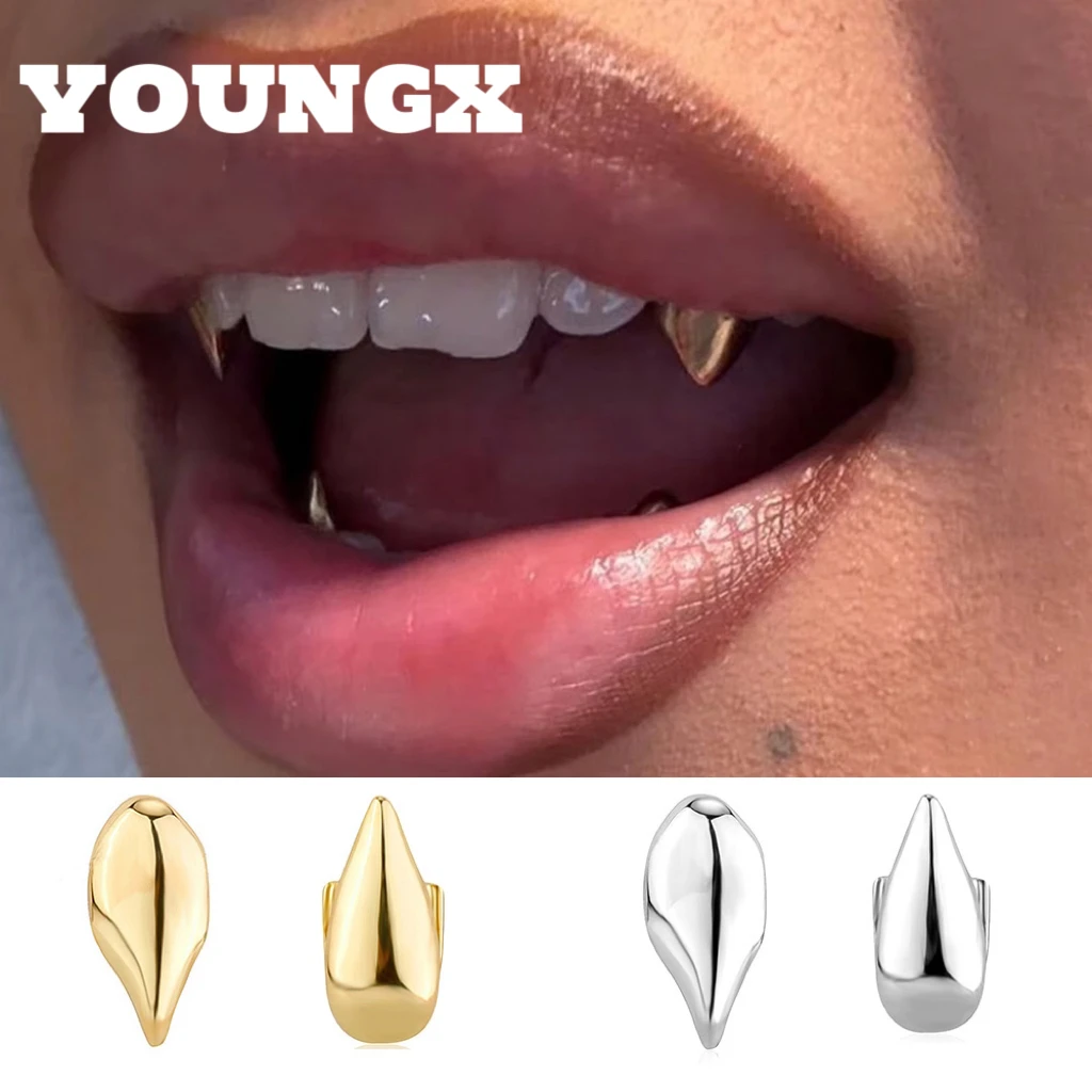 YOUNGX Top Bottom DIY Glossy Vampire Fangs Teeth Grillz Punk Single Tooth Caps For Women Men Jewelry Halloween Cosplay Gift