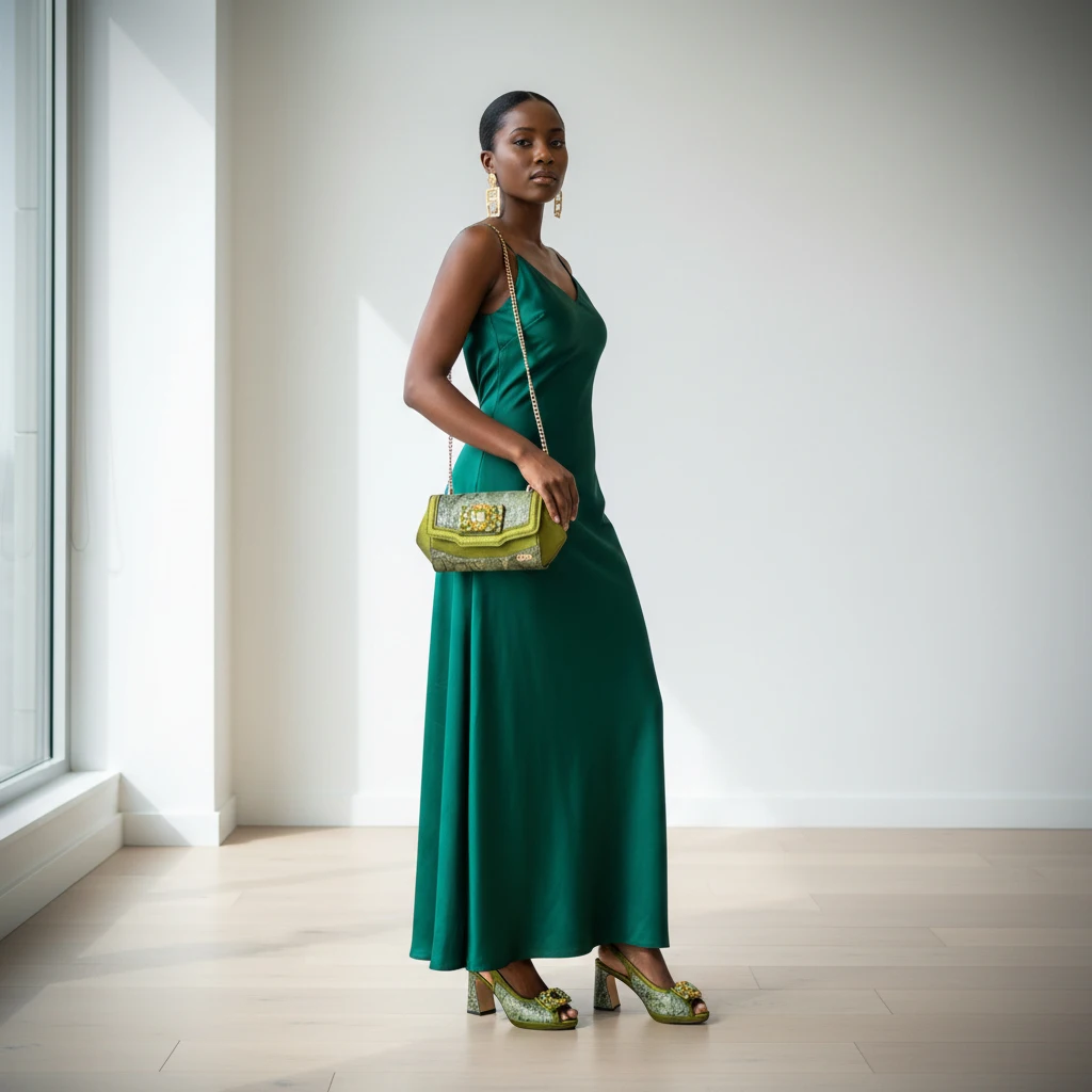 

Новые зеленые босоножки на высоком каблуке с открытым носком и стразами, а также элегантный комплект с сумкой в тон для женских вечеринок и свадеб, итальянский дизайн