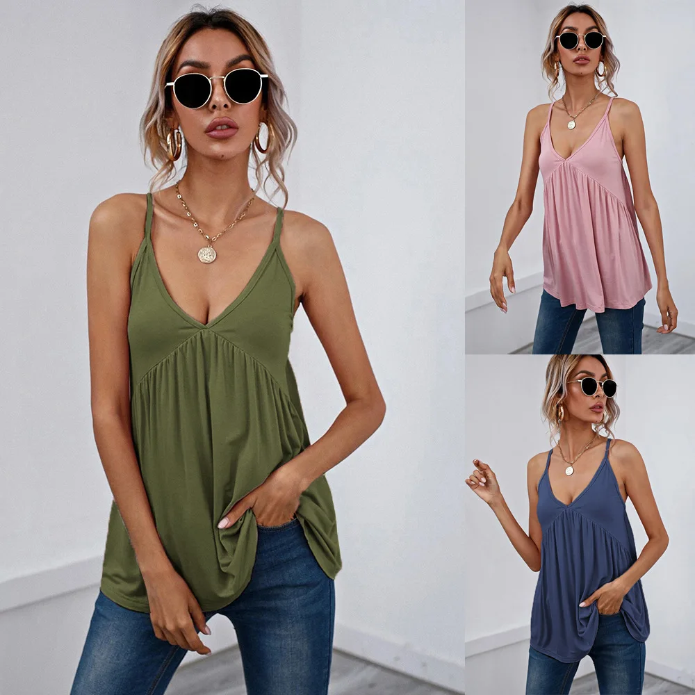 

Hot Women Tank Top Loose Solid U Neck Female Camisole Sleeveless Pleated Tank Top Ladies 2025 Summer Women Loose Vest