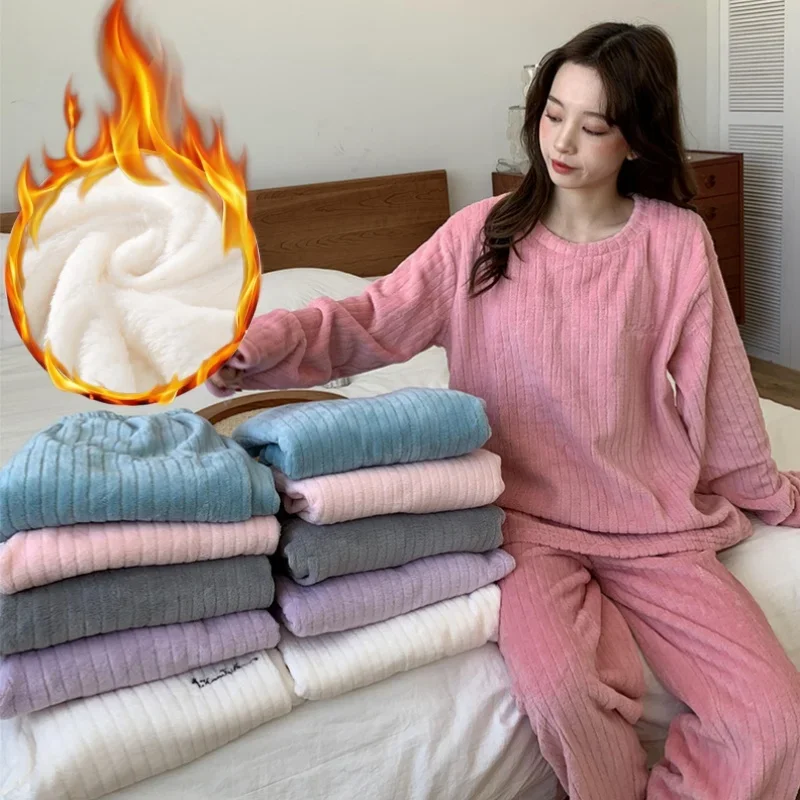 

Женский пижамный комплект из кораллового флиса, зимний теплый пижамный комплект с круглым вырезом, простая домашняя одежда для сна с вышивкой, уютная одежда для дома, одежда для сна