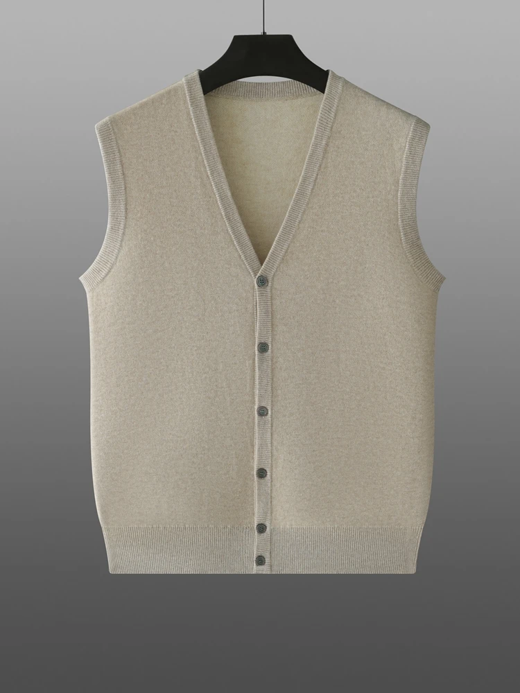High-end Men\'s 100% Goat Cashmere Sweater V-Neck Sleeveless Cardigan Autumn Winter Thick Smart Casual Knitwear Soft Cosy Vest