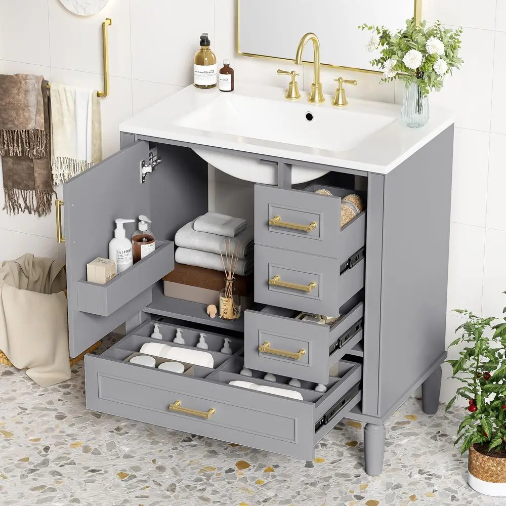

30 Bathroom Vanity with Ceramic Sink, Modern Freestanding Bathroom Vanity Storage Cabinet with Sink Suite Set, Soft Closing Doo