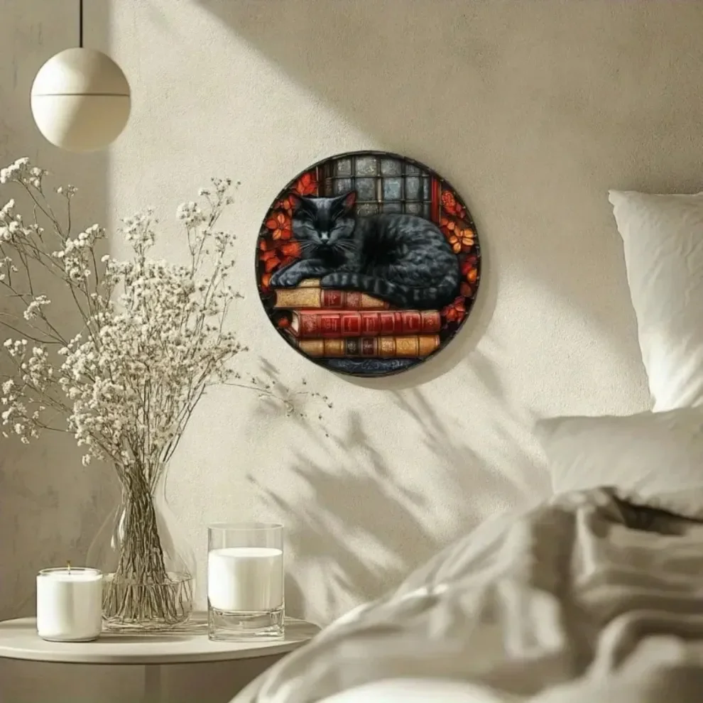 علامة إكليل القطة السوداء الغامضة جولة الألومنيوم جدار ديكور احباط النقش المنزل