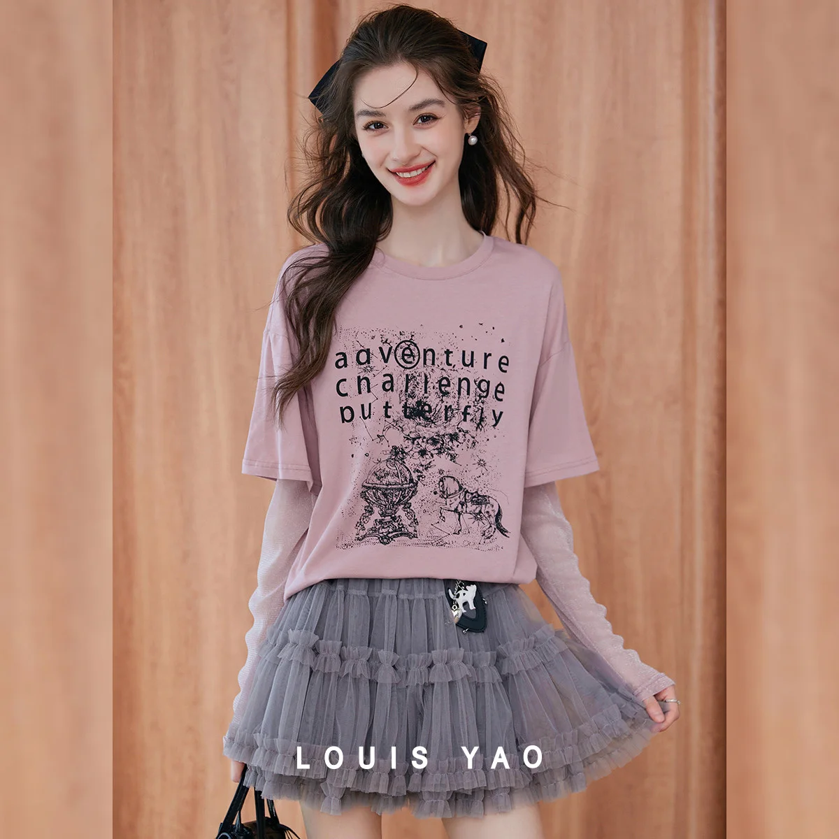 

LOUIS YAO Patchwork Printed Long-sleeve Tees 2025 Autumn TopsTwo-piece Micro-stretch Round Neck Women's T-shirt New