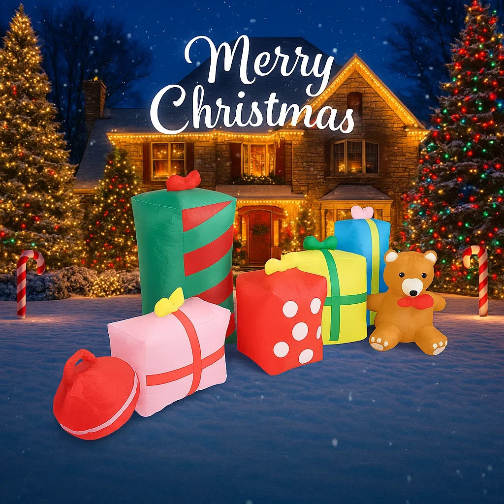 Scatole regalo giocattolo gonfiabili da 9,84 piedi Orsacchiotto con luce a LED Decorazione per feste da giardino di Natale Forniture per la casa di Natale Ornamento regalo