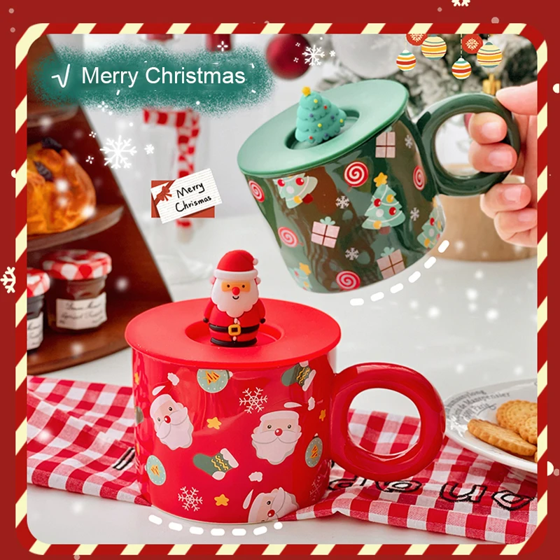 400ml Kawaii  Christmas Mugs Coffee Cup With 3D Lid  Cute Ceramic Tea  Beer Water Milk Original Breakfast Cups Drinkware Gift