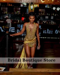 Sparkly Gold Diamonds  Prom Dress For Black Girl Beaded Crystal Birthday Party Dresses Side Train Cocktail Gown Customized