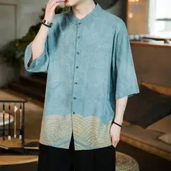 2024 New Summer Retro Chinese Style Fashion Trend Stand Up Collar Print Loose Casual Versatile Comfortable Short Sleeved Shirt