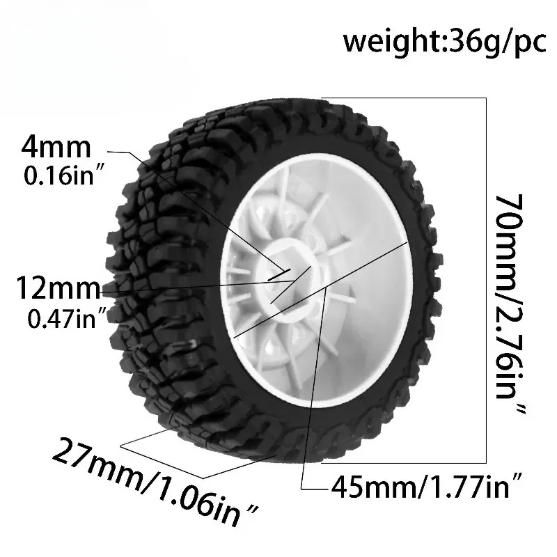 4-teiliges 70-mm-Gummireifen- und Felgenset, fertige Upgrade-Räder für 1/14 MJX HYPER GO 14301 14302, 1/16 JJRC Q130 RC-Car