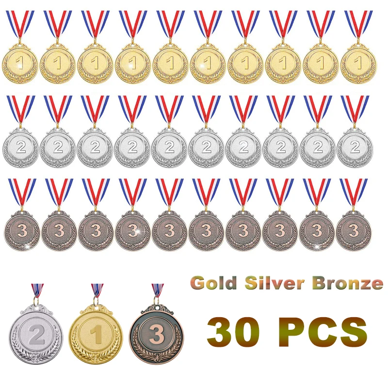 30PCS Gold Silver Bronze Award Medals 5cm/6.5cm Winner Medals Prizes for Sports Competitions Party Favors for Child and Adults