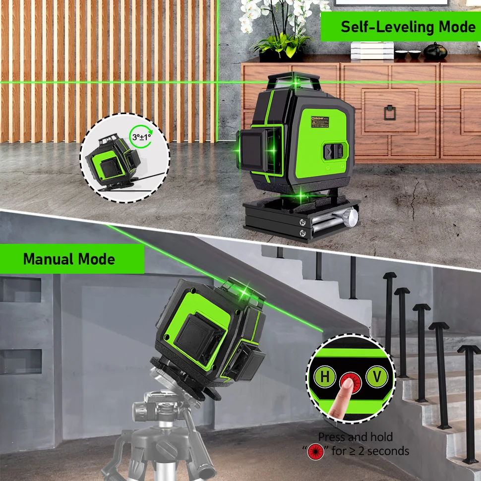 CLUBIONA 16 lines Self-leveling Remote Control Outdoor Mode - Receiver Auto 4x360 Green beam Line Laser Level