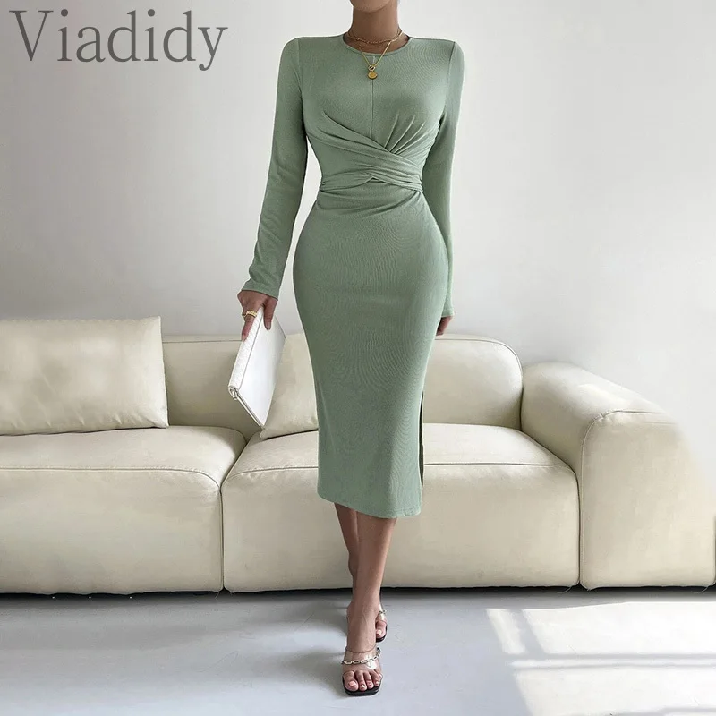 

Women Sexy Solid Color Knitted Long Sleeve Lace-up Maxi Dress
