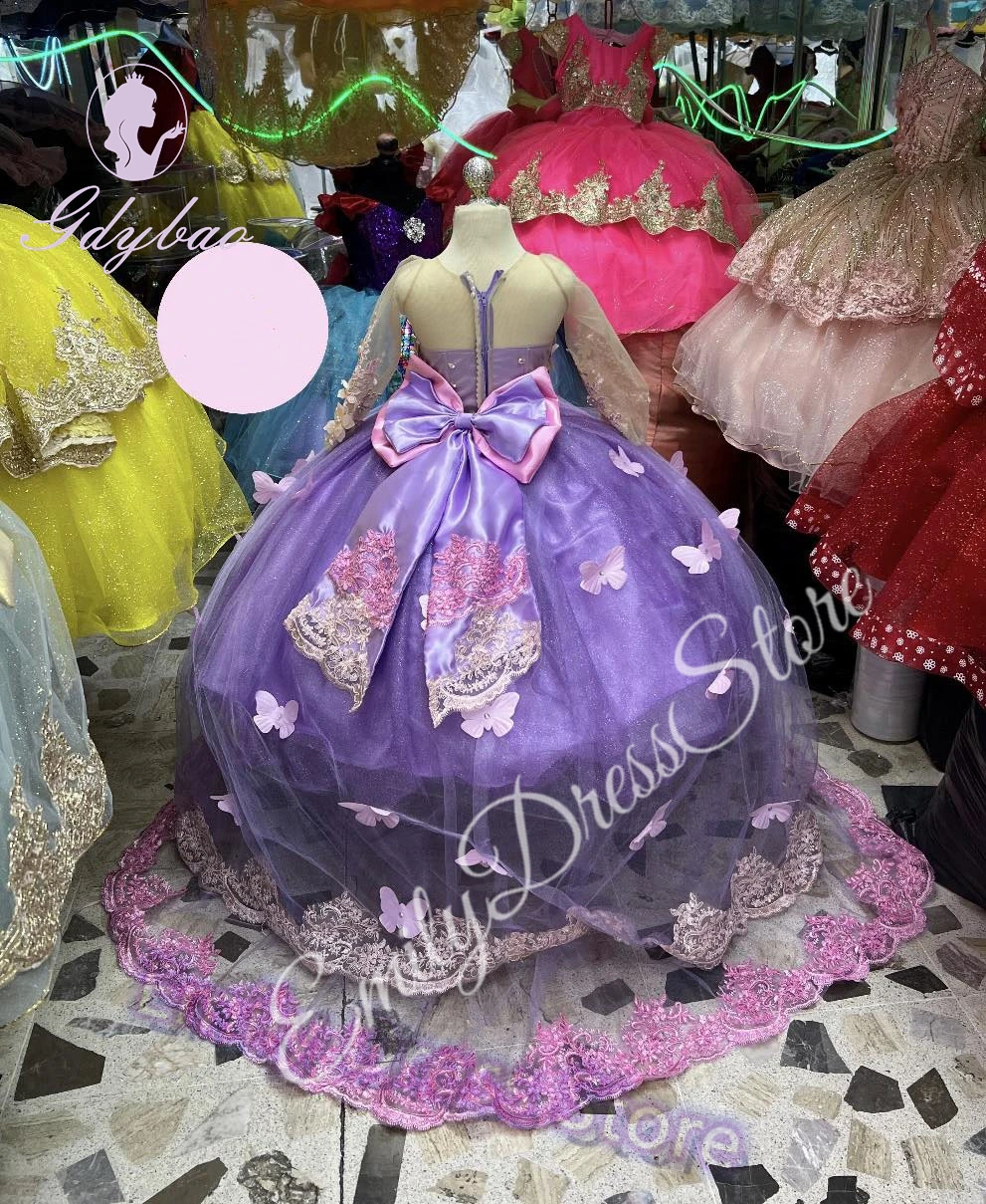 Pink Purple Lace Flower Girl Dress For Wedding Applqique Tulle Puffy With Bow Princess Kids Birthday First Communion Ball Gown