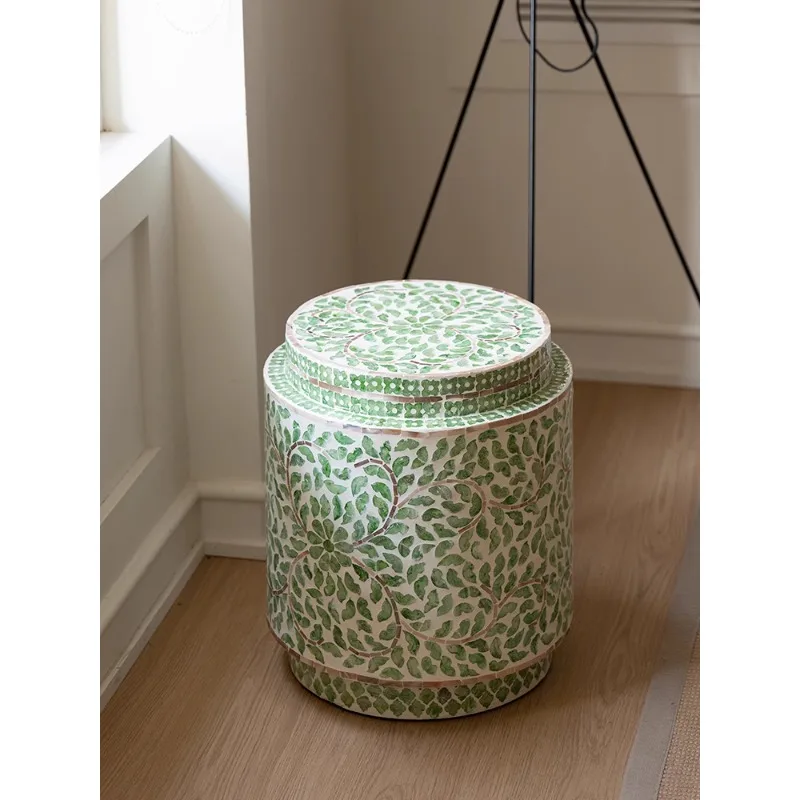 @IE Mhoe Stool High-end Light Luxury Inlaid Side Table Drum Stool Nanyang Style, Spring Green, Indigo Blue and White&。