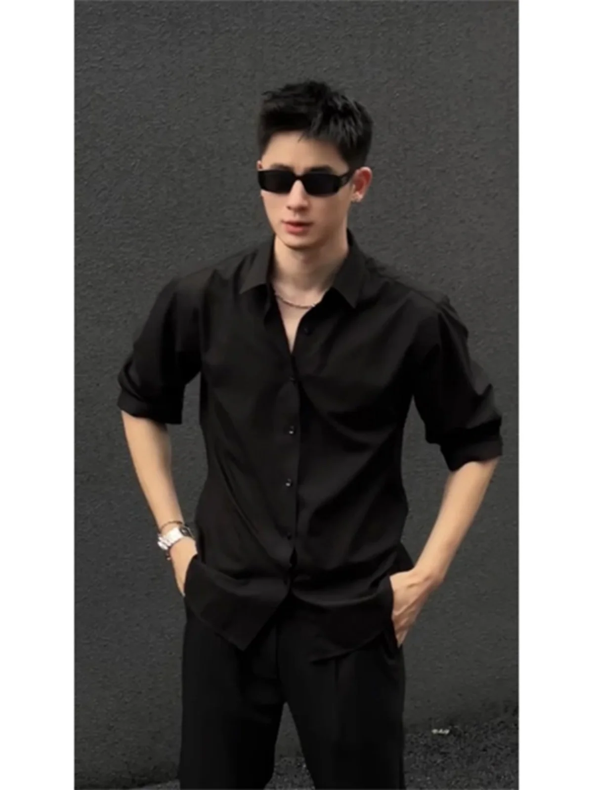 

Мужская драпированная ткань Ele Mid-Sleeve Ice Silk irt Bla, облегающая летняя модная повседневная одежда с острым воротником, цвет