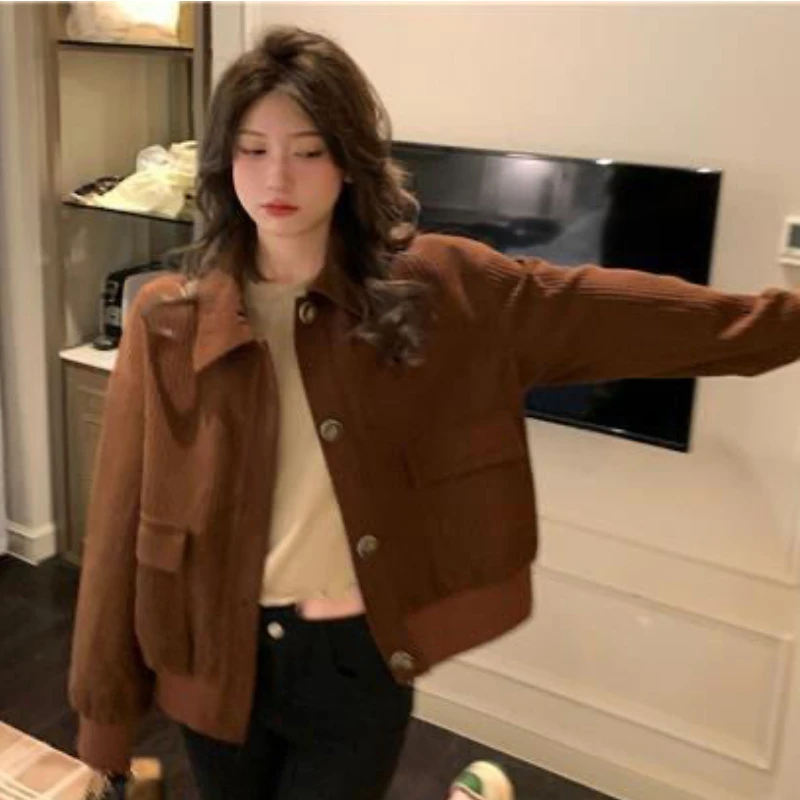 Basic Jackets Women Korean Corduroy Cropped Loose All-match Casual Elegant Turn-down Collar Fashion Simple Ins Popular Hot Sale