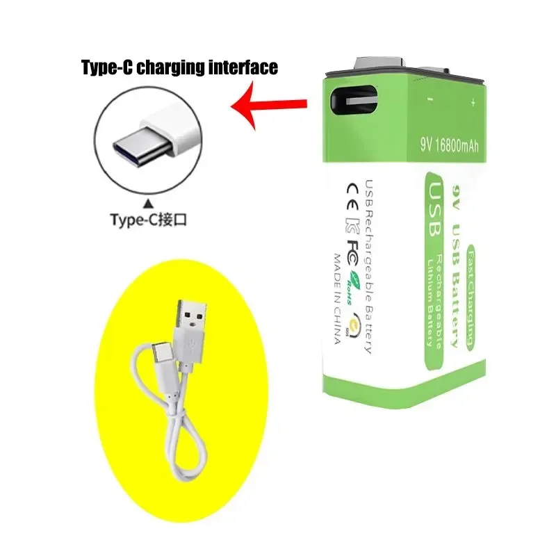 

9V 16800mAh Rechargeable battery, suitable for multimeters, microphones, smoke detectors, toys, etc. Free Type-c data cable