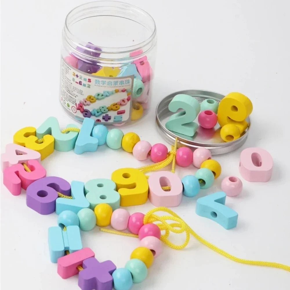 33Pcs/Lot Wooden Toys Number Recognize Beads Stringing Threading Beads Game Education Toy for Baby Kids Children