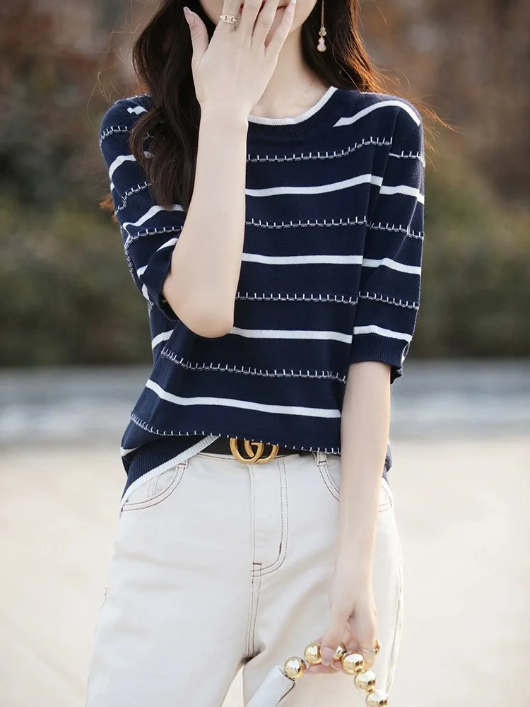 

00% трикотажа из чистого хлопка ort Sve Женская круглая футболка в полоску Ne Свободный топ Футболка из цельного хлопка Tead f Sve Новинка...