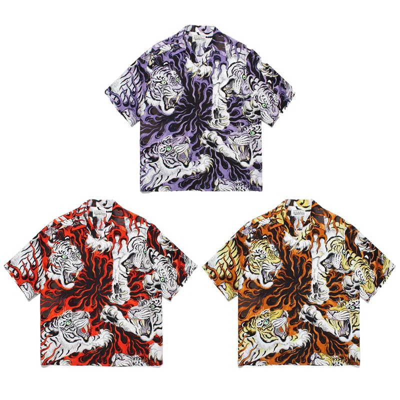 Red Orange Purple Loose Casual Short Sleeve Hawaii Shirt Flame Tiger Print Men Woman 1:1 High Quality New Top Tees