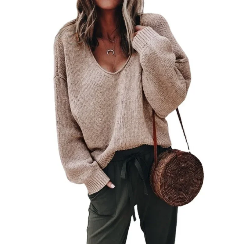 Basic Solid Color Top for Women, Loose V-Neck Knitted Sweater, Comfortable Long Sleeve Casual Pullover Everyday Wear