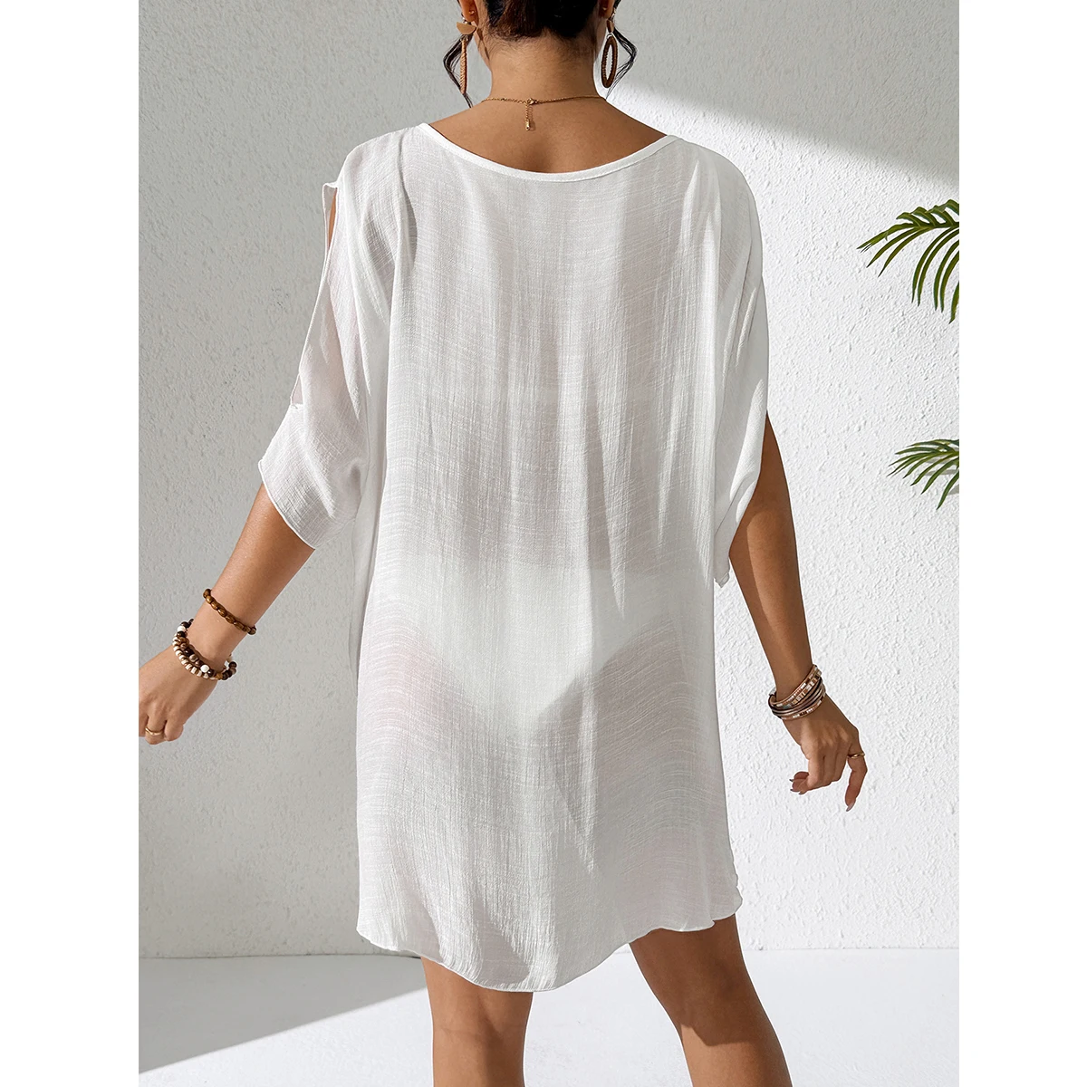 Pure Color V-Neck Lightweight Transparent Loose Dress, Beach Style Casual Comfort Sun Protection Cover Up, Fashion Beachwear