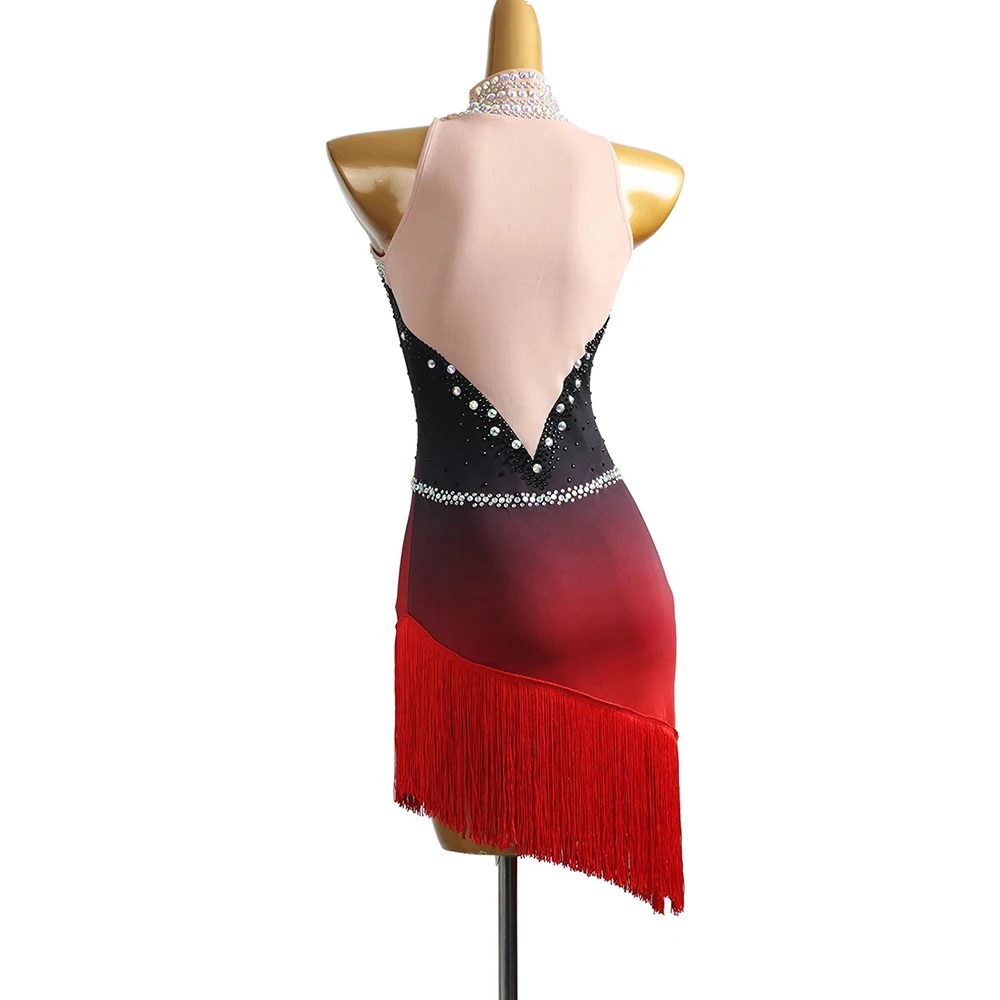 

Customizable Gradient Latin Dance Dress for Women Rhinestone Fringe Salsa Rumba Tango Performance Costume