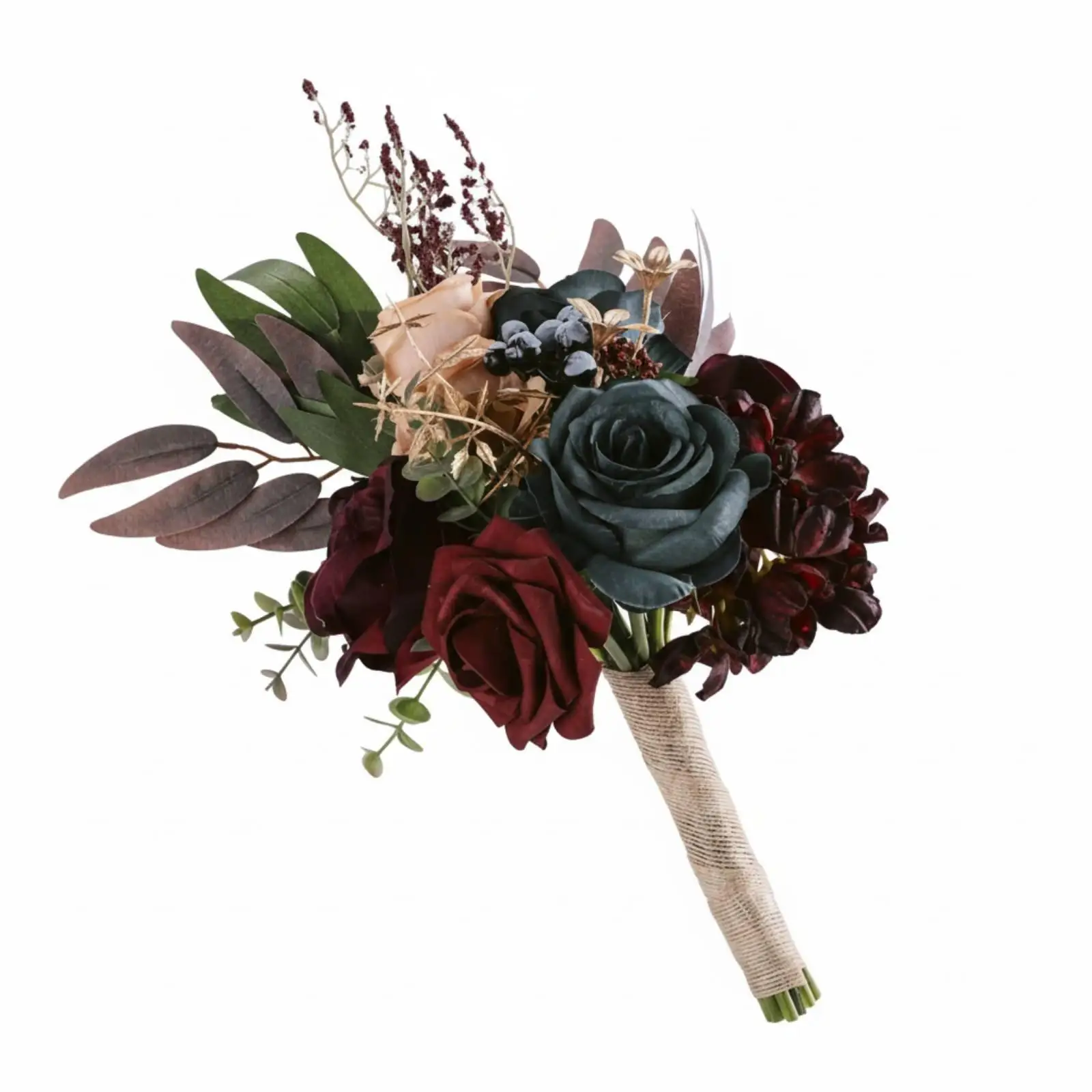 Artificial Bridal Bouquet with Burgundy Blue Silk Roses Twine Wrapped Stem Faux Flower Centerpiece for Wedding Party Decoration