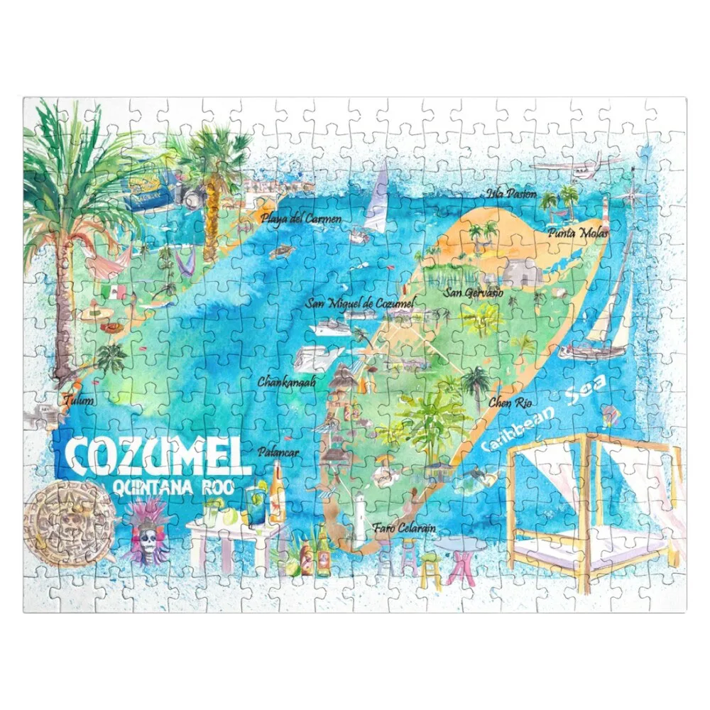 

Cozumel Quintana Roo Mexico Illustrated Travel Map with Roads and Highlights Jigsaw Puzzle Customizable Child Gift Custom Jigsaw