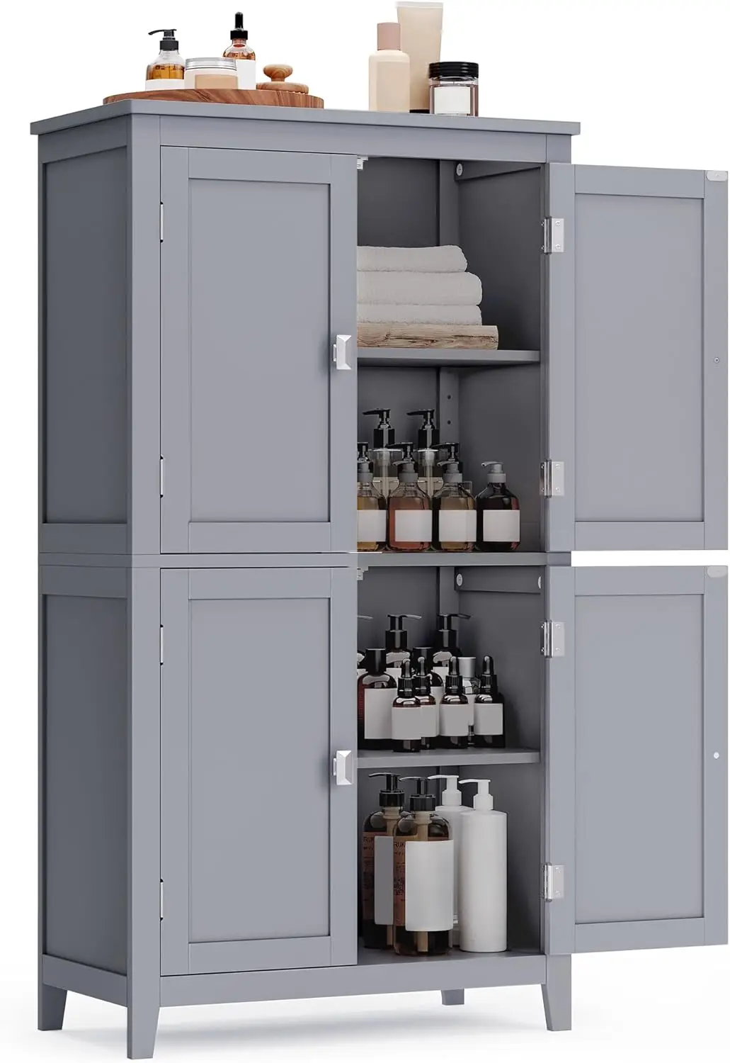 

Freestanding Storage Cabinet with 4 Doors, Adjustable Shelves, Dove Gray, for Entryway or Bathroom Use