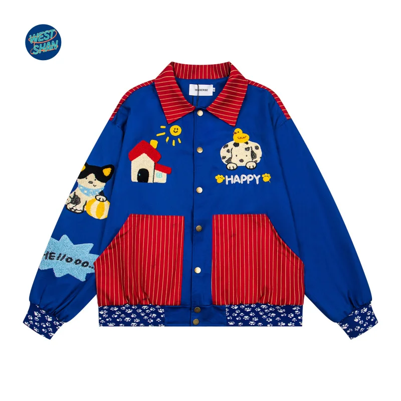 WESTSHAN EU US Size Cartoon Cute Jacket With Fun Animal Embroidery Color-Block Oversize Travel Holiday Work Jacket