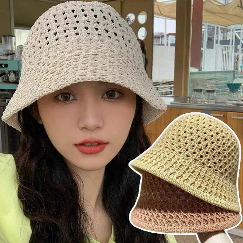 Wide Sun Hat Brim Floppy Summer Hats for Women Beach Panama Straw Dome Weave Bucket Hat Hollow Out Female Hat Knitted Women Hats