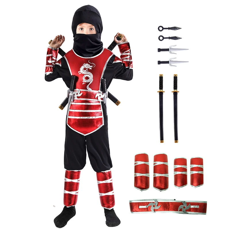 2025 New Boy Kung Fu Outfit Black Dragon Warrior Ninja Halloween Fancy Dress Up Red Kids Samurai Ninja Costume With Weapons Kit