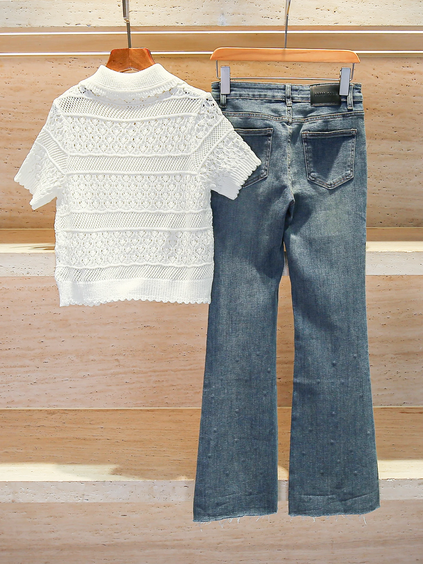 

Высококачественный вязаный летний топ с цветочным крючком и джинсовый комплект, женский модный комплект из двух предметов из полиэфирного волокна