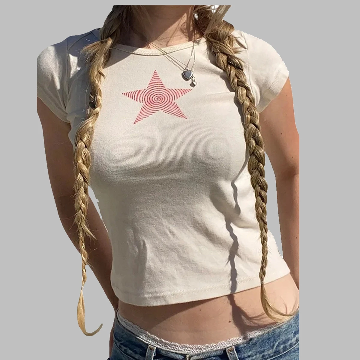 Women's Sweet Girly Round Neck T-Shirt Star Print Slim Fit Summer Short Sleeve Top Suitable for Daily Leisure