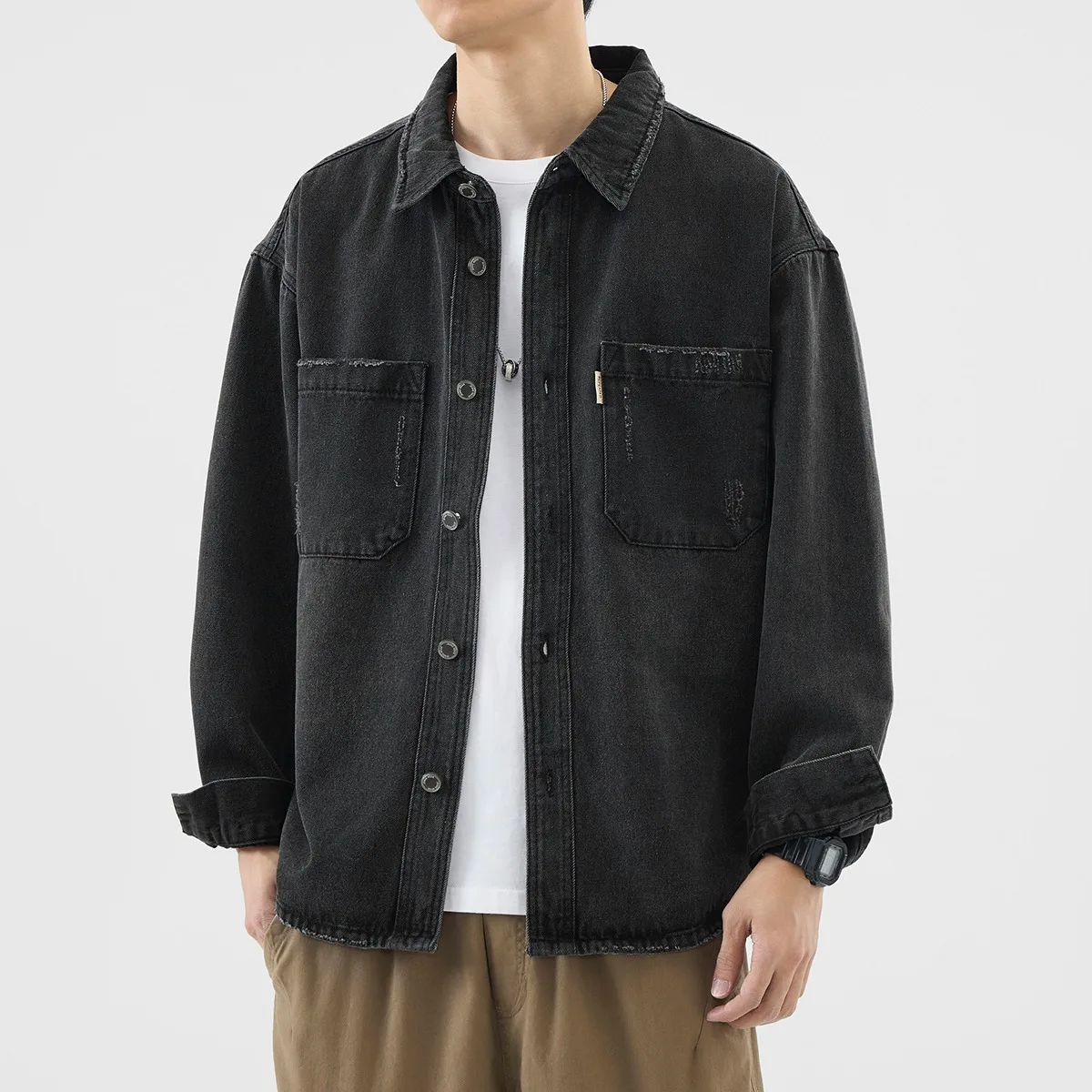 

Retro Washed Denim Long Sleeve Shirt Men's Loose Premium Workwear Jacket Autumn Spring New Style Polyester Fiber Non-deformable
