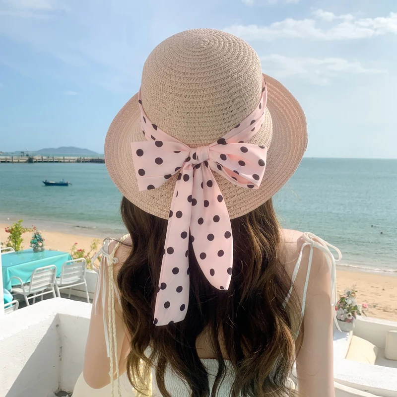 summer women\'s straw hats with wave-point streamers travel beach hats large-eaved sun hat and outdoor sun hat